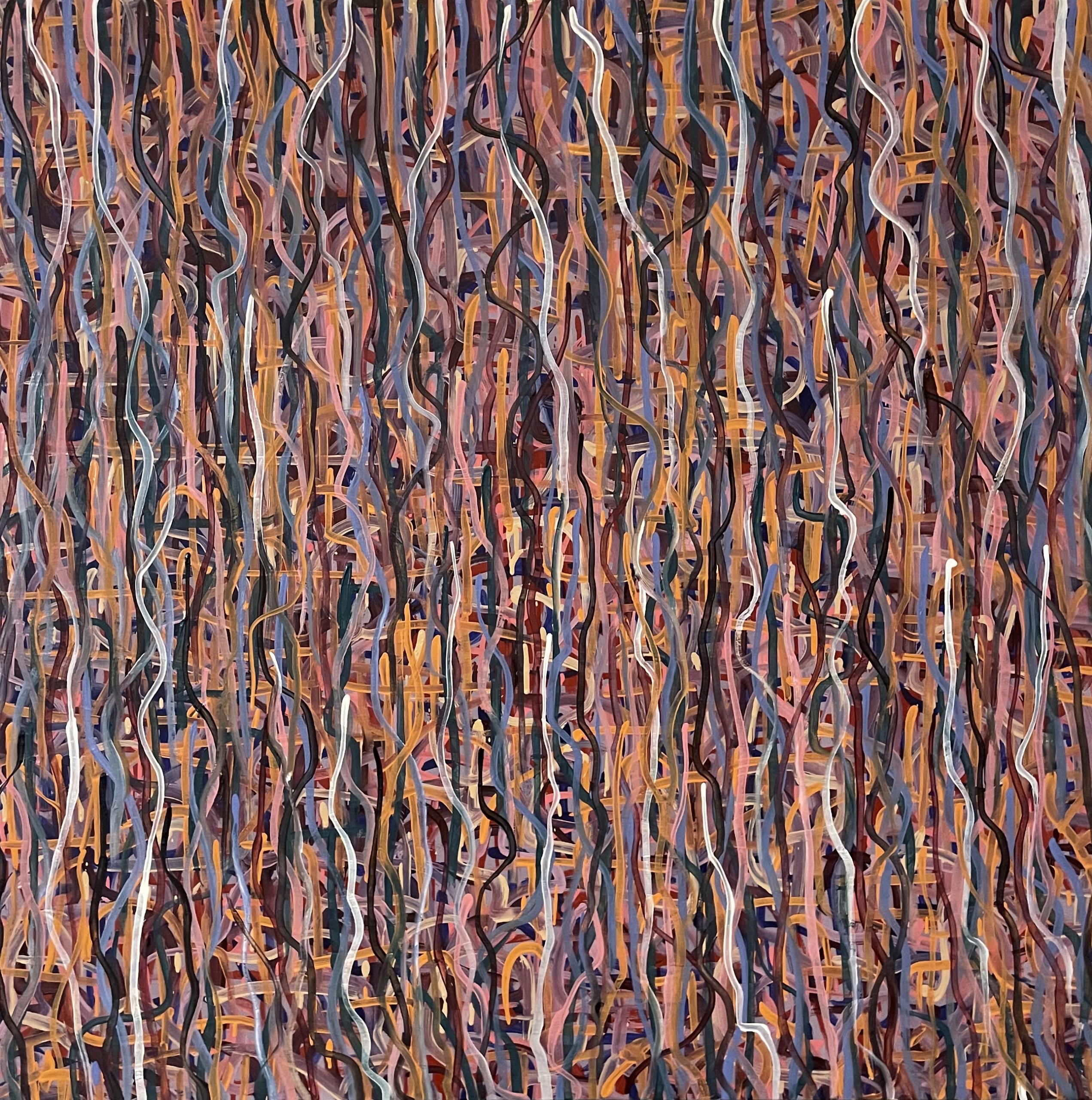 IMAGE DESCRIPTION: The image is of an abstract painting with a complex pattern of wavy, interwoven lines. The lines are in various colors, including shades of black, brown, yellow, orange, and white. The background is filled with a mix of these colors, creating a dense, layered effect. The overall composition gives a sense of movement and depth, with the lines overlapping and intertwining throughout the canvas. 