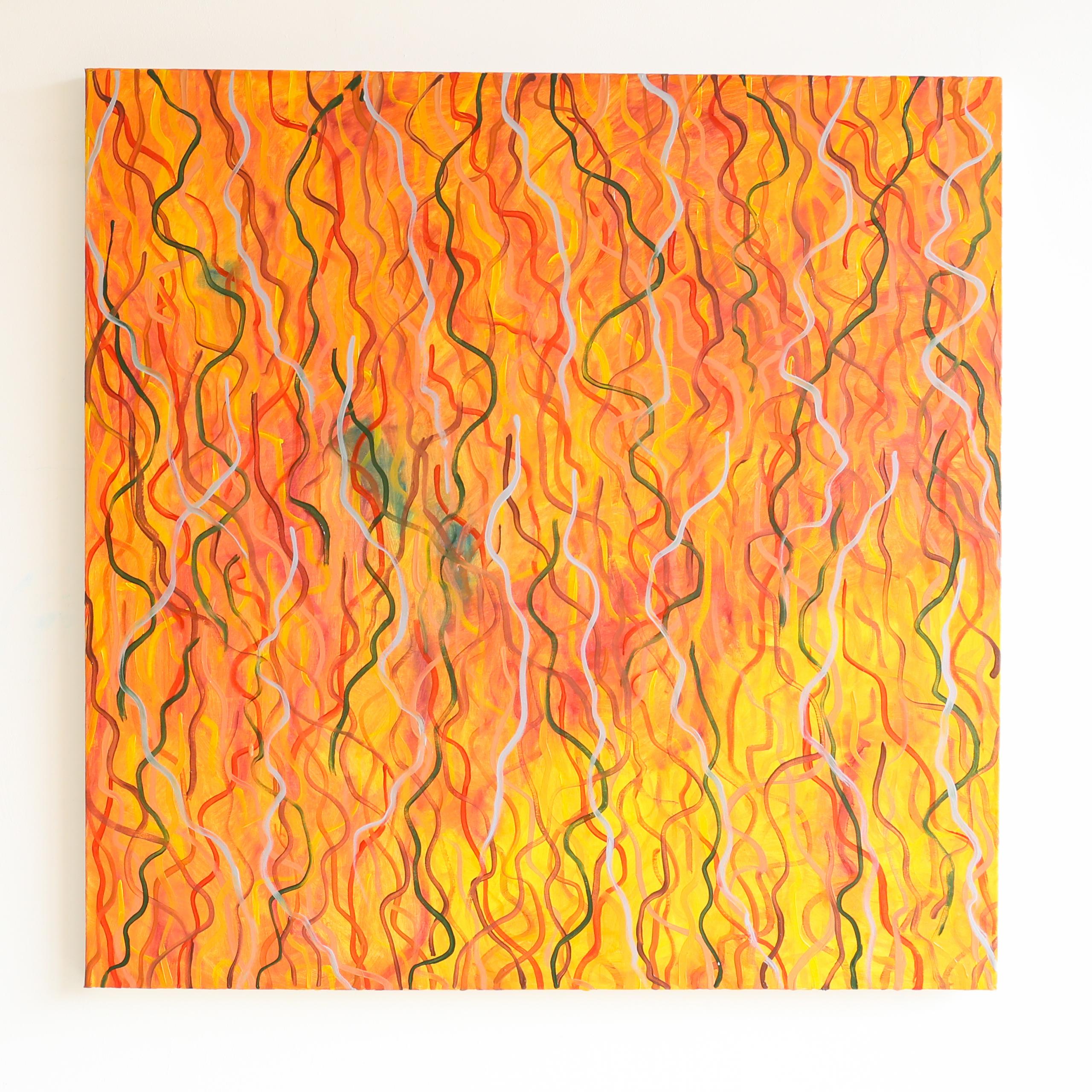 The image shows a colorful abstract painting. The painting features a vibrant background with shades of yellow and orange, giving it a fiery appearance. Over this background there are numerous wavy lines in various colors, including red, green, black and white, creating dynamic and flowing pattern.