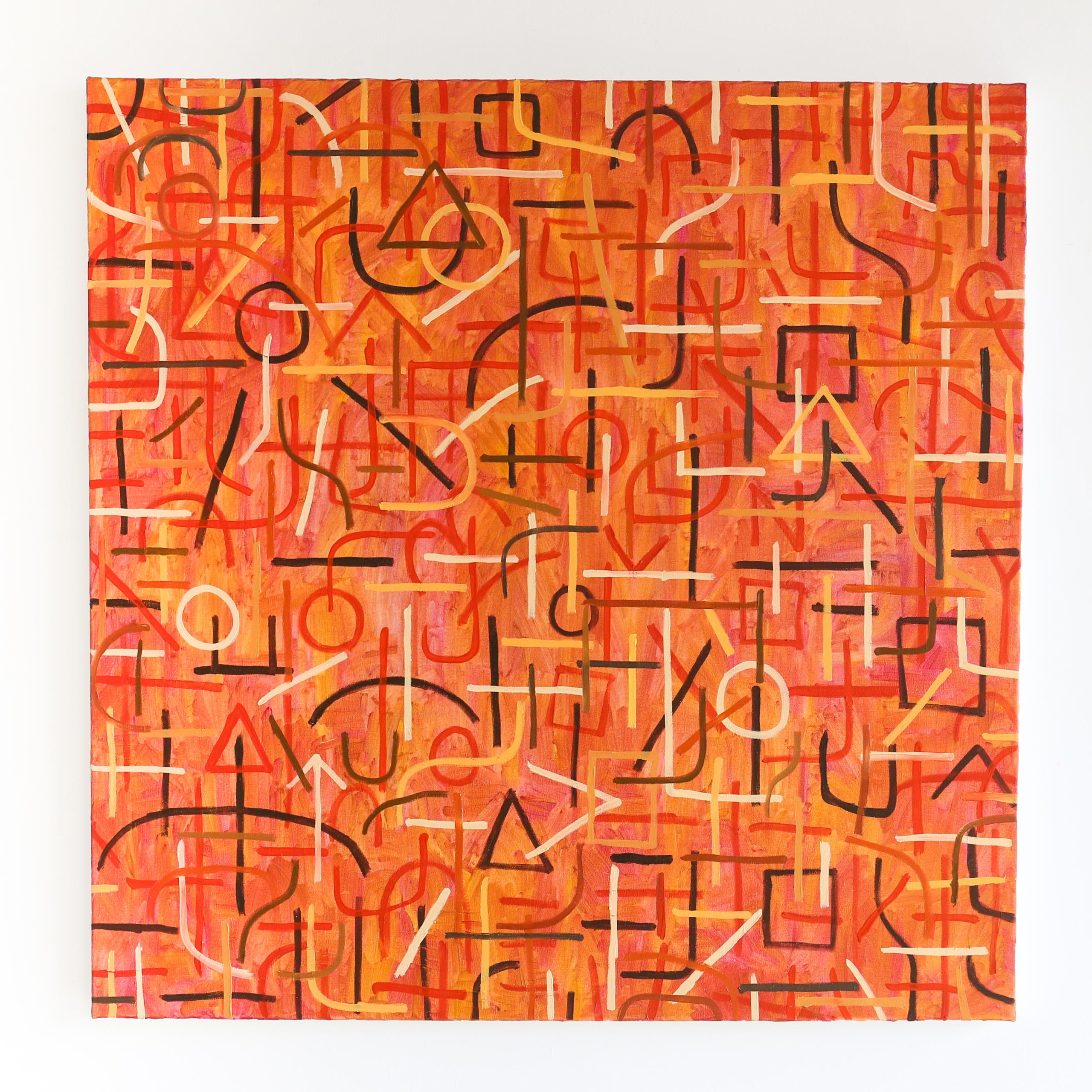 The images shows an abstract painting.The artwork is predominately orange with various shades and features a complex pattern of intersecting lines and geometric shapes in black, red and white. The lines and shapes include circles, triangles, curves and straight lines creating a dense, intricate design.