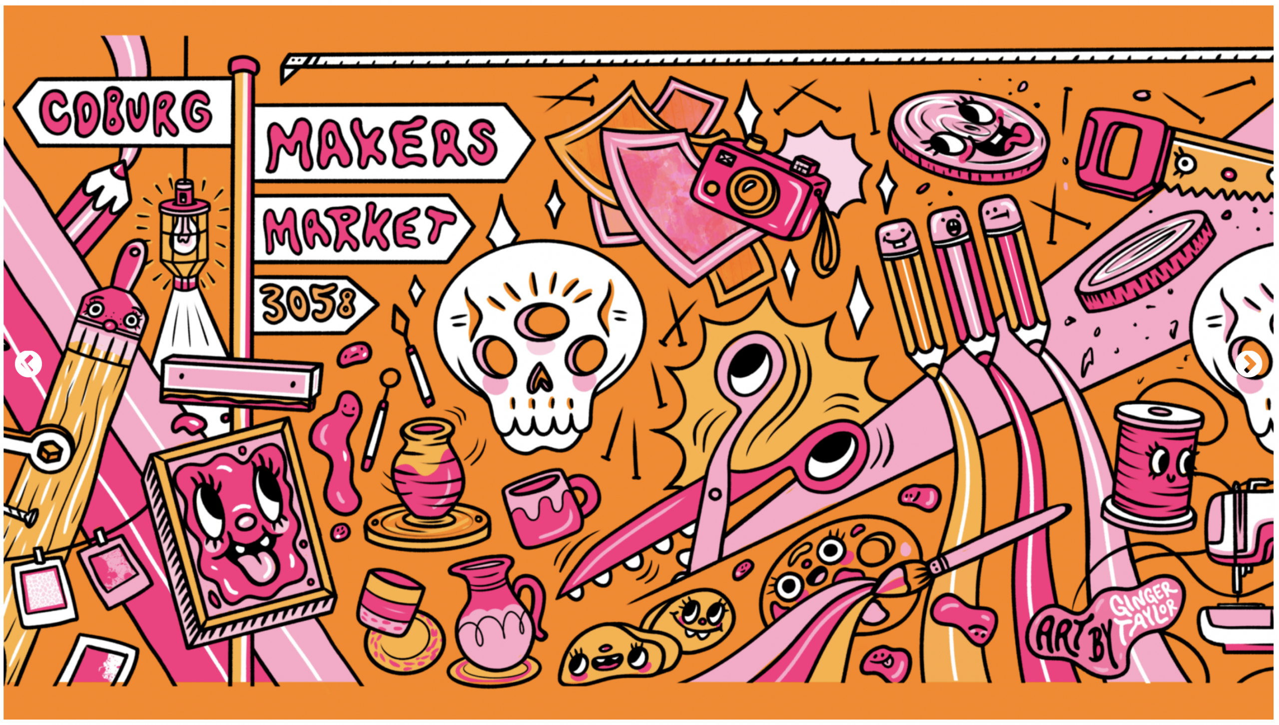 The images shows a colorful, cartoon style poster. The poster has a vibrant orange and pink background with various artist elements scattered throughout. Key elements include: - A large skull in the center with a playful expression. - Paintbrushes, paint tubes, and a palette. - A sewing machine and thread and spools. - A framed picture with a face. - A banner that reads 