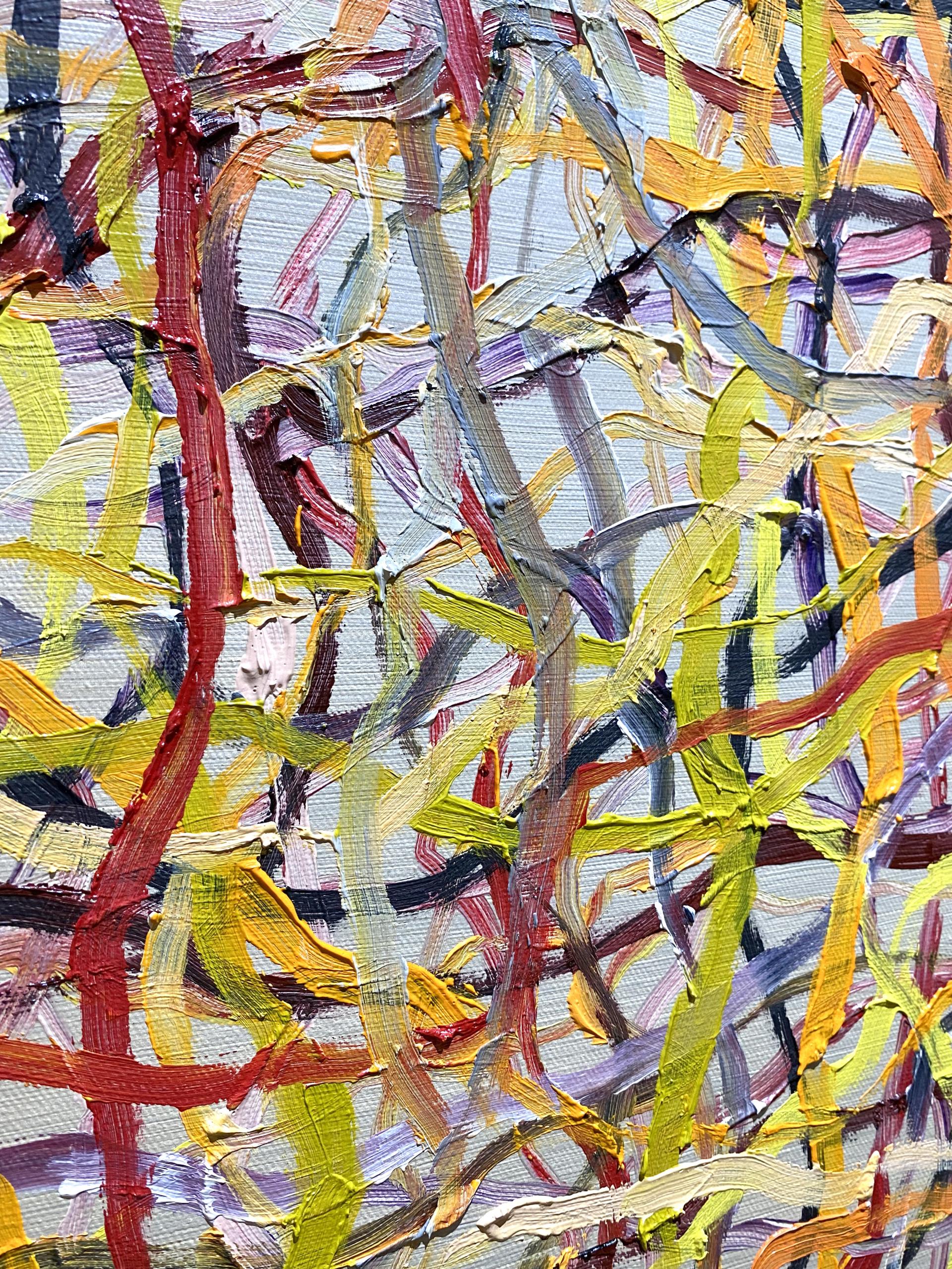 The image shows an abstract painting. The painting features a chaotic mix of colorful lines. The colors include red, yellow, green, blue, purple and cream creating a vibrant and dynamic composition. The brushstrokes overlap, forming a complex web of lines and shapes. The painting has a textured appearance due to the visible brushstrokes and layers of paint.