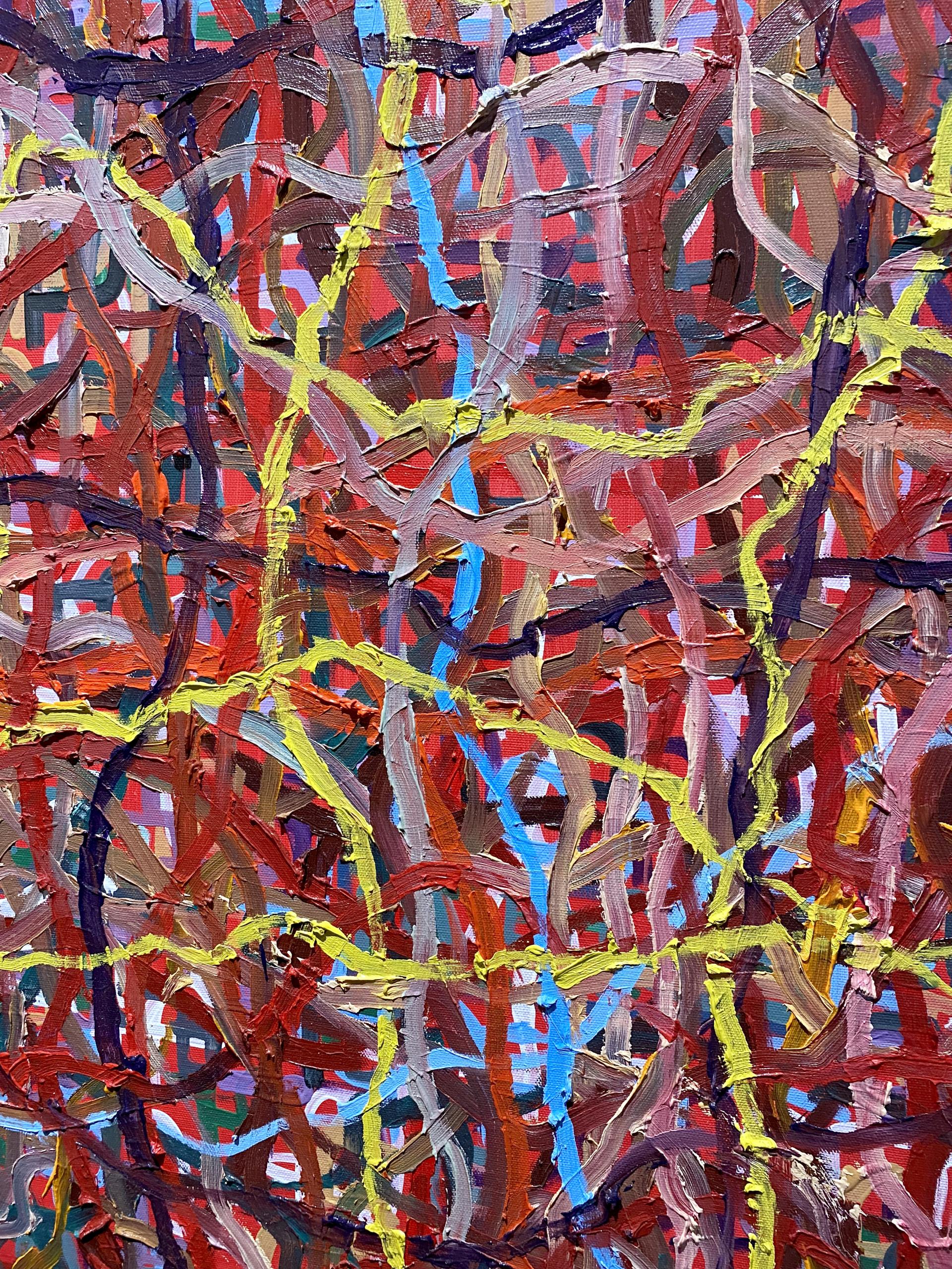 The image shows an abstract painting. The painting is composed of a chaotic mix of colors and lines. The dominant colors are red, yellow, blue and purple with thick intersecting lines creating a web- like pattern. The lines are painted in various directions, overlapping each other, and there are lines of bright yellow that stand out against the rest of the colors. The overall effect is vibrant and dynamic, with a sense of movement and energy.