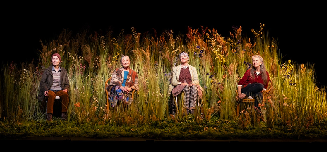 The image is a production photo from 'Escaped Alone'. It shows a scene with four older women sitting in a row. They are surrounded by tall grass and wildflowers, giving the impression of being in a meadow or a field. The background is completely black, making the scene and people stand out. Each of the women is dressed in casual, somewhat rustic clothing. From left to right sit Helen Morse, Deidre Rubenstein, Kate Hood and Debra Lawrance.