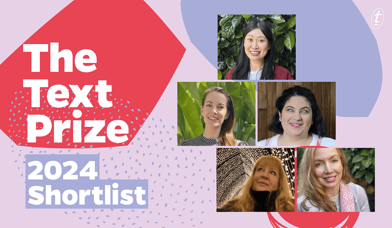 Headshots of the five writers shortlisted for The Text Prize including Olivia Muscat who is smiling at the camera with a black bob and wearing a white t-shirt underneath a pink, purple and red jumpsuit. The text reads: The Text Prize 2024 Shortlist and is on an abstract purple, red and pink background.