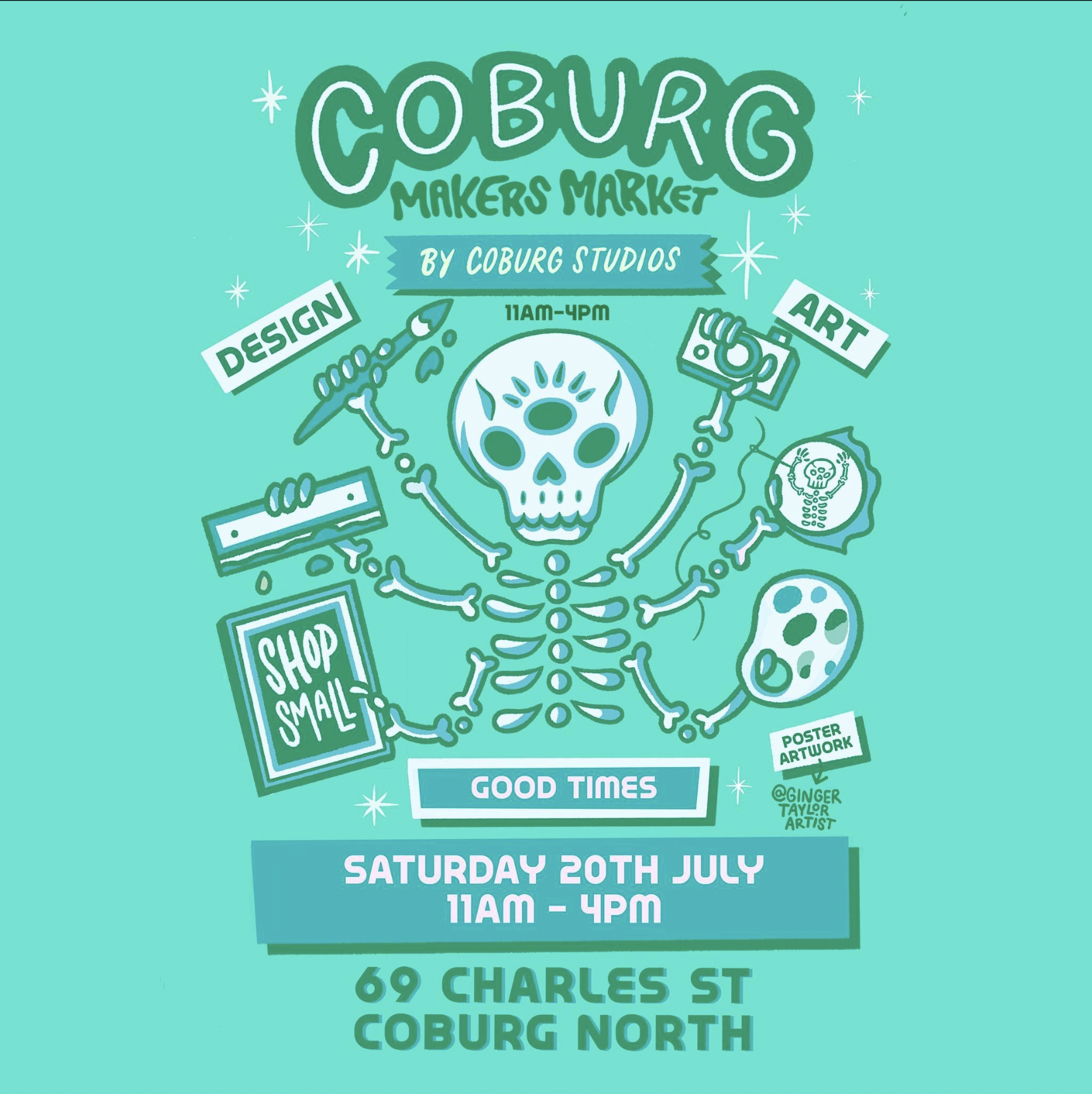 The image is a poster for the Coburg Makers Market by Coburg Studios. The background is a bright sea foam green color. At the top, the text reads 