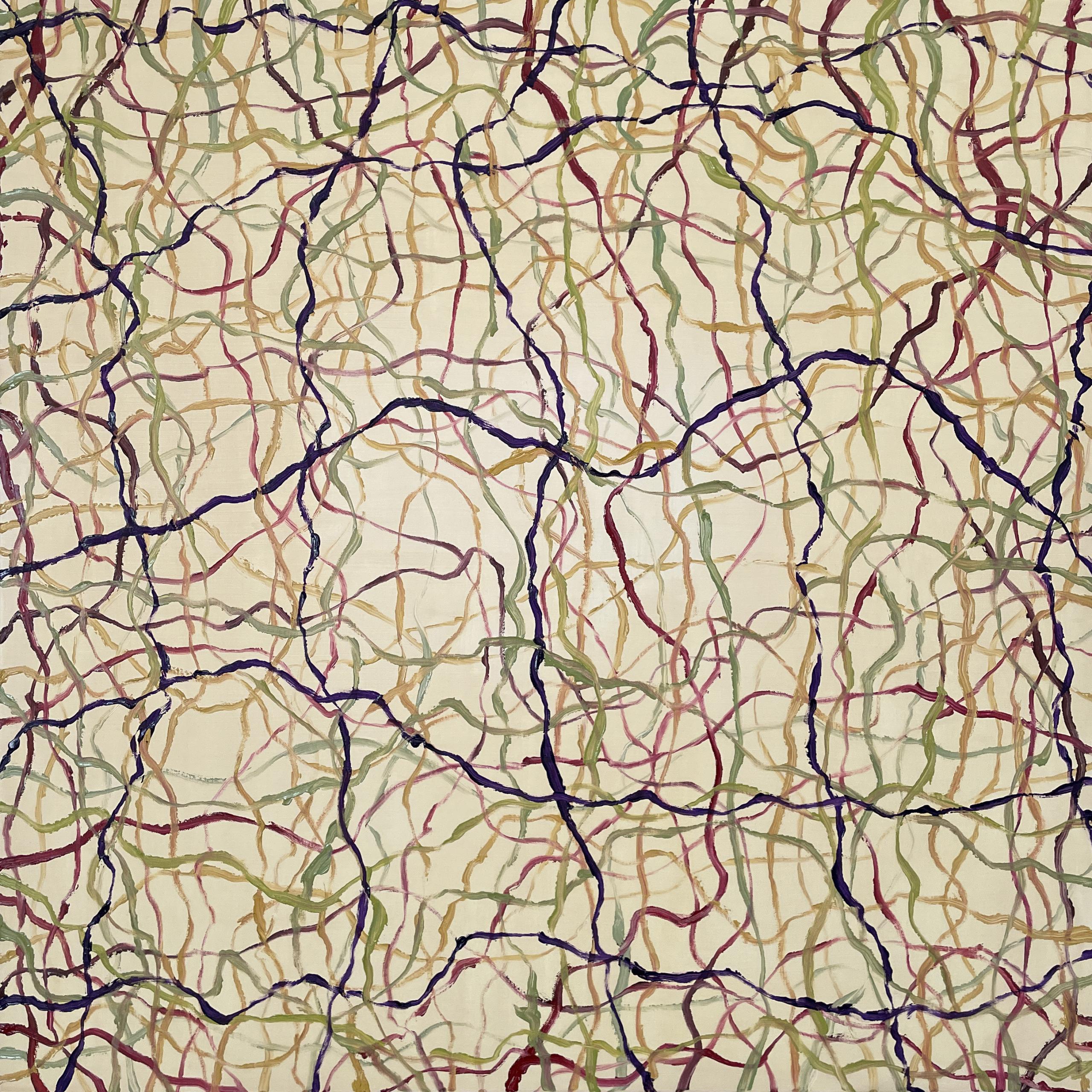 An abstract oil painting on canvas titled ‘Clint’. It features a network of intersecting wavy lines on a beige coloured background. The colours of the lines are burgundy, mustard, green and navy blue. The lines go in all directions and create a complex, web-like pattern. 