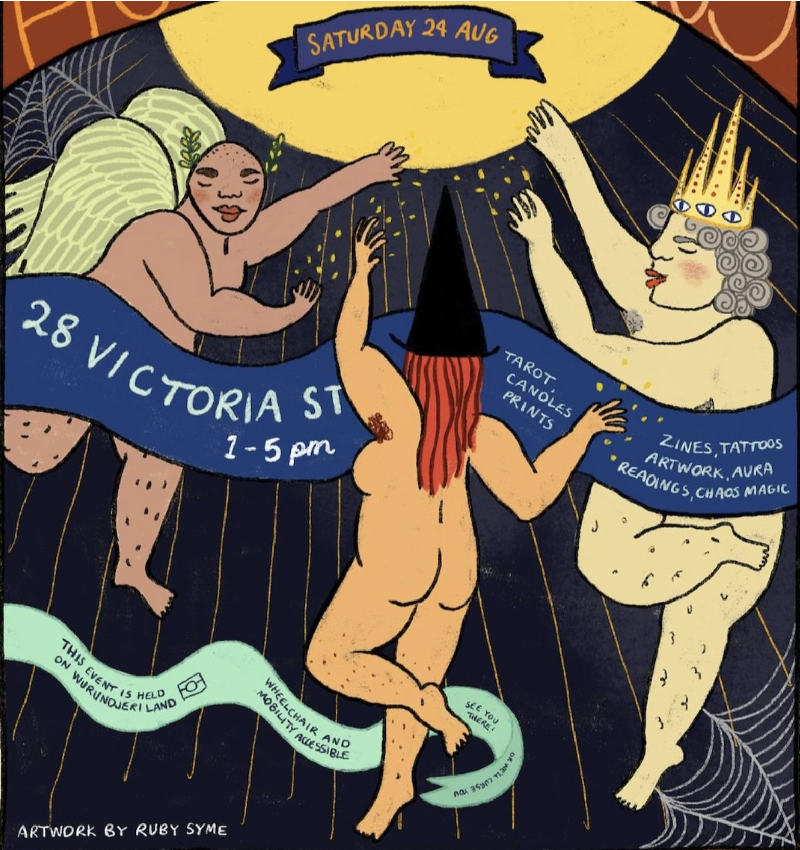 The image shows a colorful and artistic poster for the Esoteric Market by Schoolhouse Studios. The poster features three illustrated figures with a mystical theme. One figure has wings, another wears a crown with eyes, and the third has long red hair and a pointed hat. They are surrounded by a large yellow sun and a banner that reads 'Saturday 24 August'. Across the figures a blue ribbon features the text '28 Victoria St, 1-5pm'. Additional text on the poster mentions 'Tarot, Candles, Prints, Zines, Tattoos, Artwork, Aura Readings, Ok Magic'. A green ribbon below the figures states 'This event is held on Wurrundjeri Land' and 'Wheelchair and Pram accessible'.