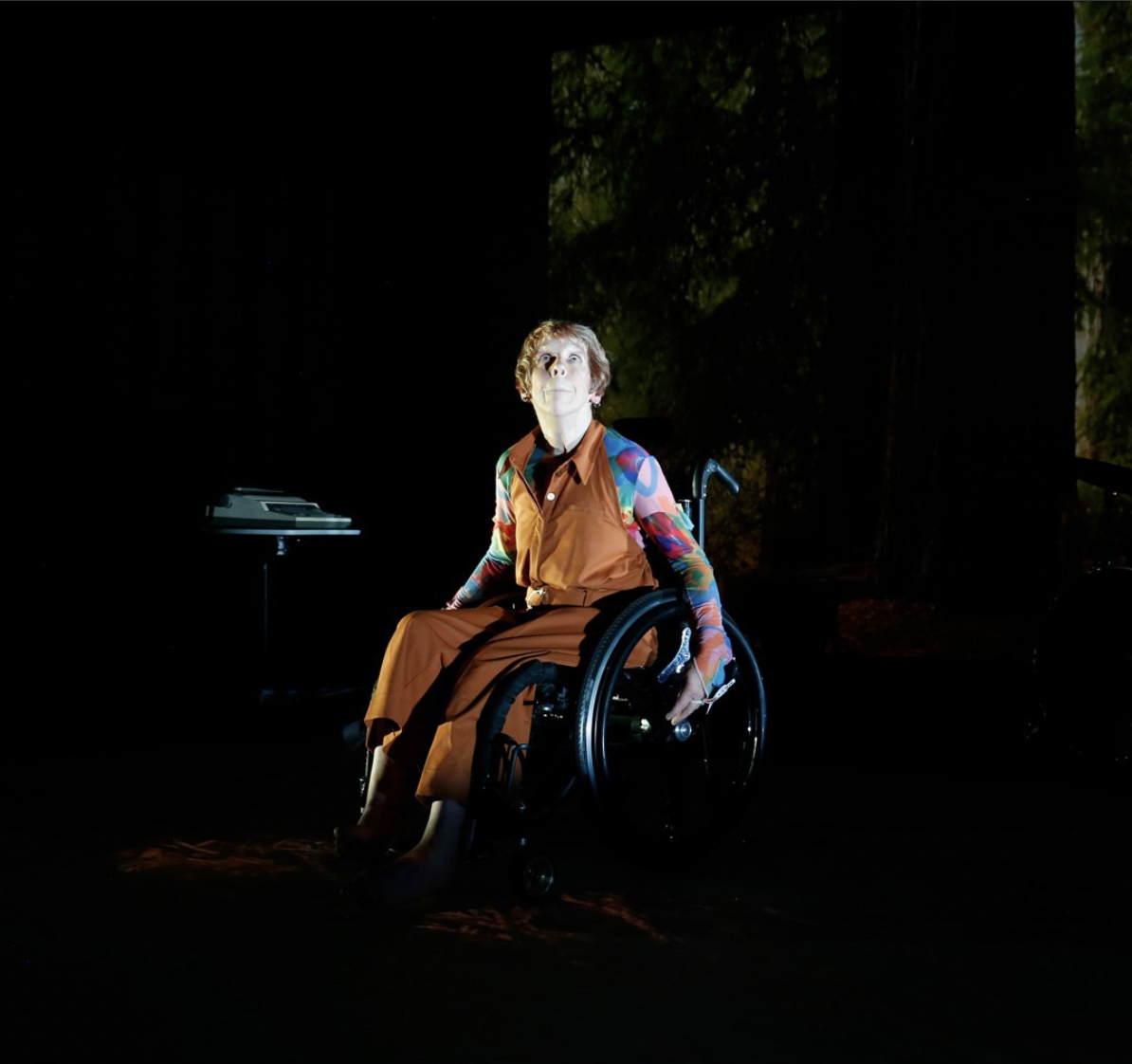 The image shows a Melinda Smith in a wheelchair. Melinda is wearing mustard overalls with brightly colored sleeves. Melinda is positioned in front of a dark background in which you can faintly make out a type writer on a table and trees. Melinda is looking upwards and is drenched in a bright light.