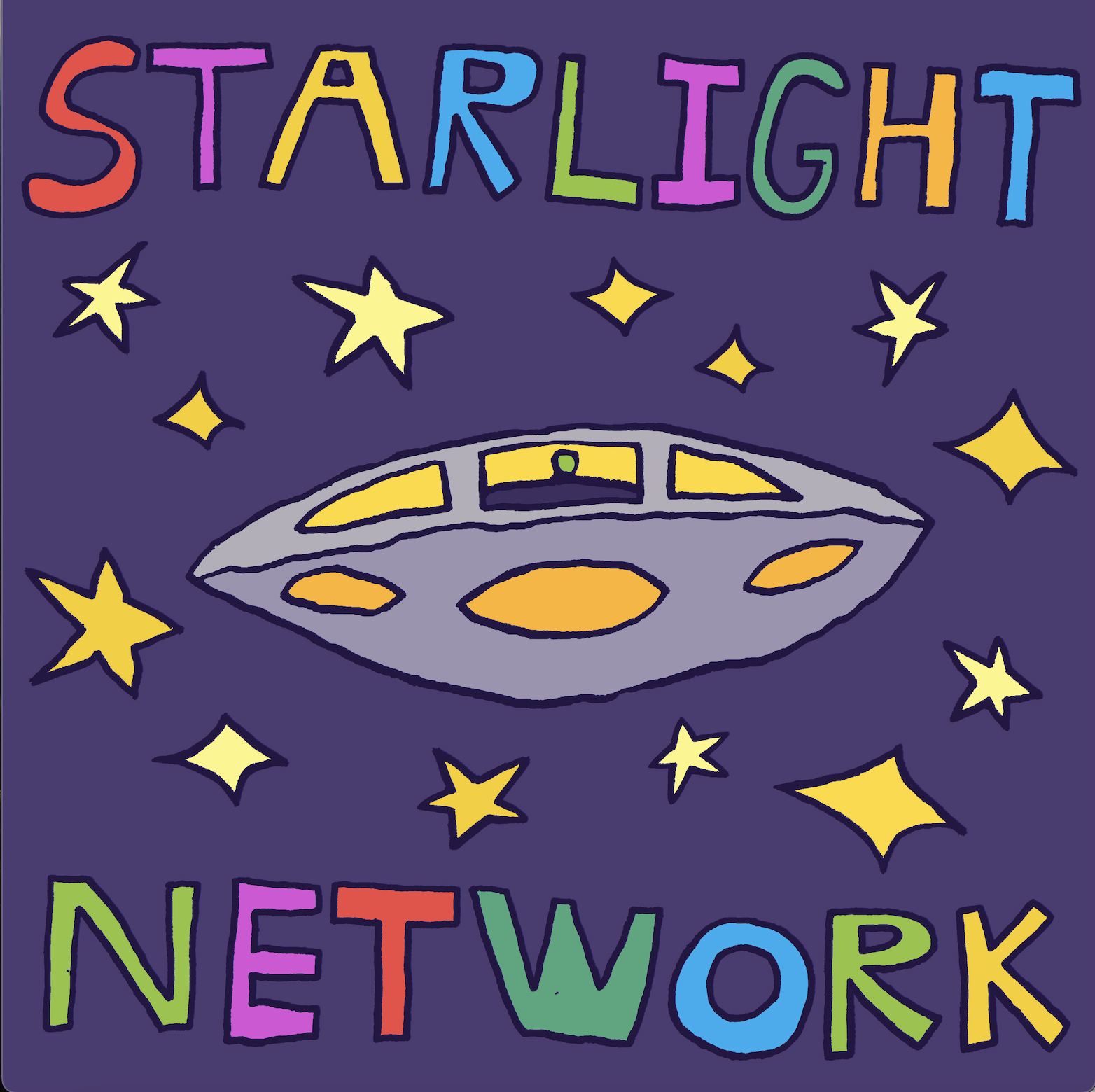 A hand drawn logo for Starlight Network with a deep purple background. The word STARLIGHT is written at the top of the image in multicoloured letters. The word NETWORK is at the bottom of the image in multicoloured letters. A grey spacecraft is in the centre of the image. It has round edges on the top and bottom that meet at the edges in sharp points. There are big yellow lights on the bottom of the spacecraft and a long window on the upper half. A small green alien can be seen in the window. There are large yellow stars around the spacecraft.