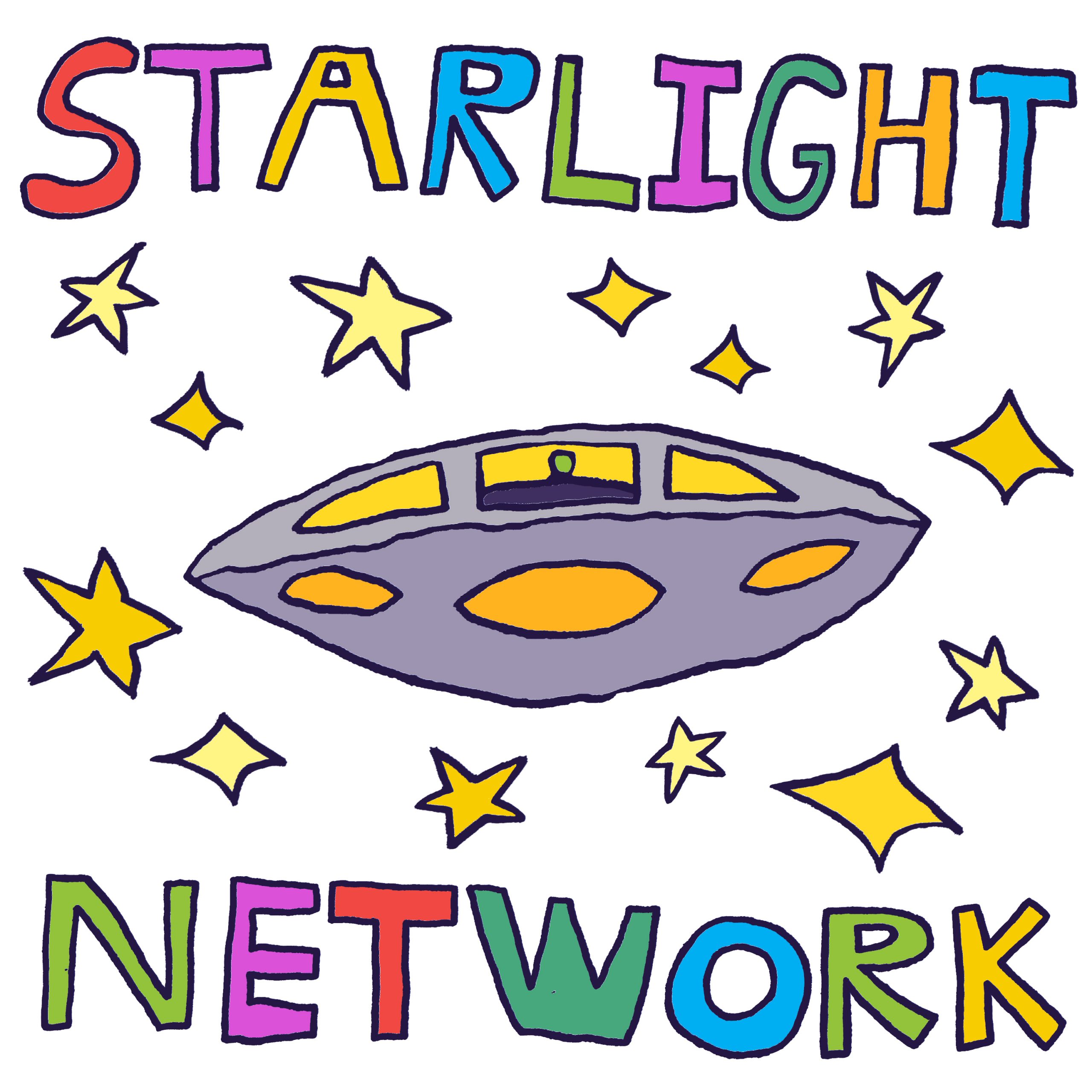 A hand drawn logo for Starlight Network with a white background. The word STARLIGHT is written at the top of the image in multicoloured letters. The word NETWORK is at the bottom of the image in multicoloured letters. A grey spacecraft is in the centre of the image. It has round edges on the top and bottom that meet at the edges in sharp points. There are big yellow lights on the bottom of the spacecraft and a long window on the upper half. A small green alien can be seen in the window. There are large yellow stars around the spacecraft.