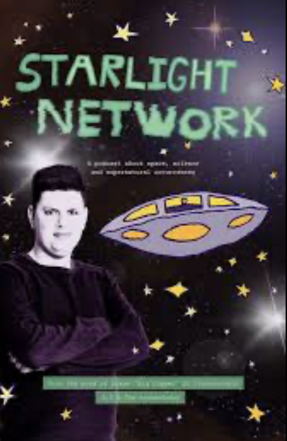 An image of podcast cover art with a space- themed background, showing a star filled galaxy. At the top of the image hand drawn pale green text in a glowing, digital style reads 