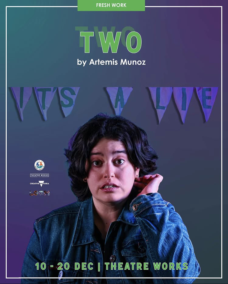 Poster for a theatrical production. In the centre stands Artemis Munoz with short, dark hair, wearing a denim jacket. Artemis looks nervous and is tucking their hair behind their left ear. Above their head is text in green and white that reads: 
